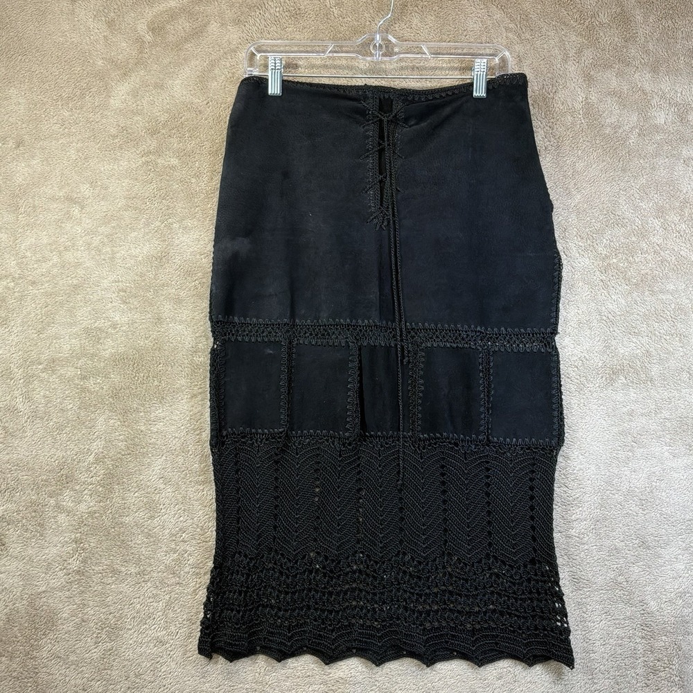 VTG 90s Y2K Suede‎ Patchwork Skirt Sz S Crochet Fringe Western Boho Whimsigoth
